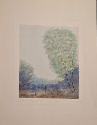 une photo d'un tableau représentant un arbre dans un champ