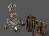 two vases and a candle holder are shown on a gray surface