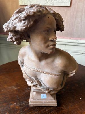 a bust of a woman sitting on a wooden table