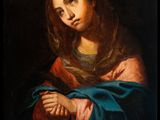 a painting of a woman holding a rosary in her hands