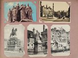 many pictures of old buildings and statues on the wall
