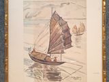 aquarelle encadrée représentant un voilier sur une mer calme