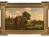 an oil painting of a river scene with a boat in the foreground