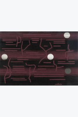 an image of a black and red abstract painting with white dots