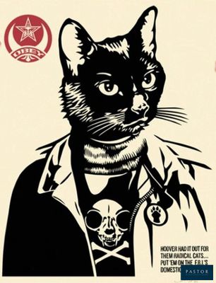 a black and white poster of a cat wearing a doctor ' s coat
