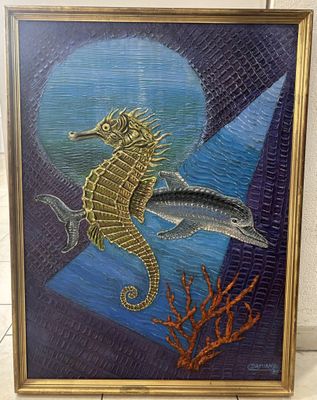 painting of a sea horse and a fish in a gold frame