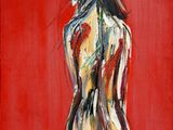 un tableau représentant une femme debout devant un fond rouge