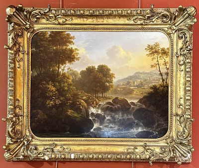 une peinture à l'huile représentant une rivière avec une cascade au milieu