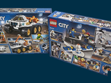 two boxes of lego city police vehicles on a blue background