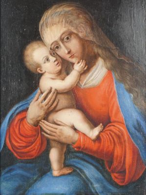 une peinture représentant une femme tenant un bébé dans ses bras