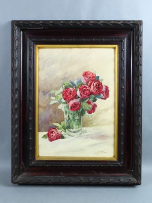 painting of red roses in a glass vase on a table