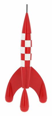 red and white rocket ship ornament on a white background
