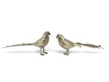 Deux oiseaux argentés sont posés l'un à côté de l'autre sur une surface blanche