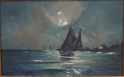 R. DERBY "Marine de nuit" huile sur panneau signé en bas à g…