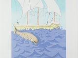 an image of a poster of a boat floating in the water