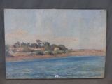 une image représentant un tableau où l'on voit une rivière avec une maison au loin
