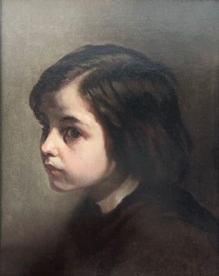 an oil painting of a young girl in a black dress