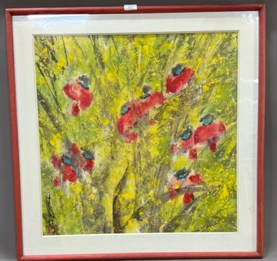 Les Coquelicots Dessin à l'encre et gouache avec un idéogram…