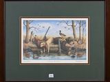 reproduction encadrée d'un tableau représentant une scène de chasse au canard, avec des canards, des canards et d'autres animaux
