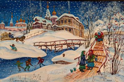 tableau représentant une scène hivernale avec des personnes sur un traîneau dans la neige