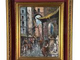 une peinture à l'huile représentant une scène de rue avec des personnes marchant dans la rue