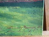 an oil painting of a green field with trees in the background