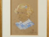 portrait d'une jeune fille en robe bleue, dans un cadre doré
