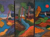 trois tableaux représentant un paysage avec des arbres et un bateau sur l'eau