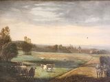painting of a landscape with cattle in a field and a village in the distance