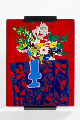 a painting of a vase of flowers on a table