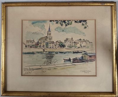 tableau encadré représentant un bateau sur une rivière, avec une église en arrière-plan