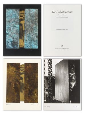 a set of four black and white photographs with gold foil on them