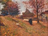 an oil painting of a woman walking down a road with a sheep