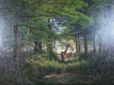 un tableau représentant un cerf dans les bois, au milieu des arbres