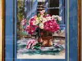 a painting of flowers in a vase on a table