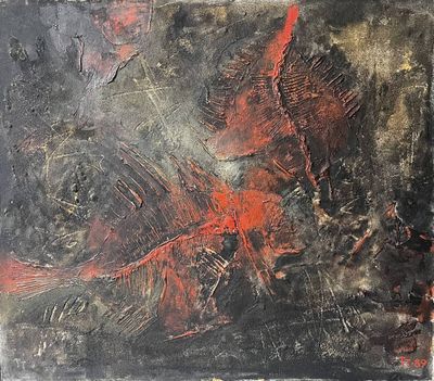 peinture abstraite représentant un poisson rouge et noir sur fond noir