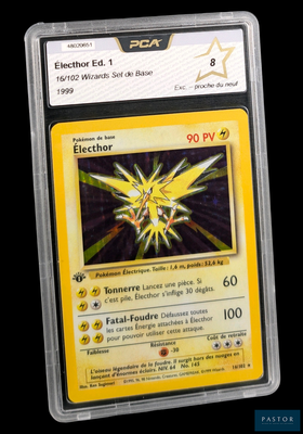 La carte Pokémon se trouve dans un étui en plastique transparent sur fond noir.