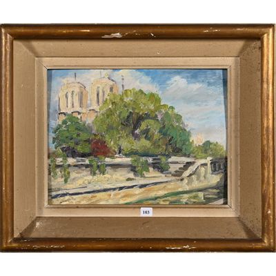 une peinture à l'huile représentant la vue d'un château avec des arbres au premier plan