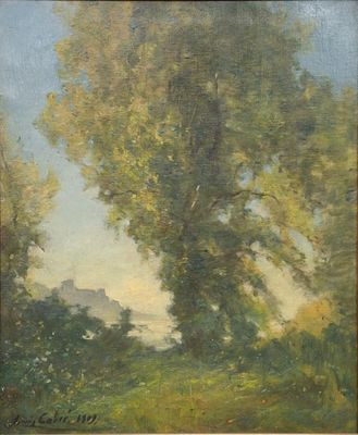 un tableau représentant un arbre dans un champ, avec le ciel en arrière-plan