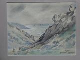 une aquarelle représentant un paysage de montagne avec des moutons