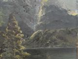 an oil painting of a mountain scene with a lake in the foreground