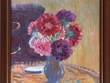 une peinture à l'huile représentant un vase de fleurs sur une table