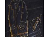 painting of a man in a coat standing on a boat at night