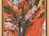 une peinture abstraite représentant un arbre aux feuilles rouges, dans un cadre en bois