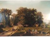 un tableau représentant une scène de vie à la ferme avec une calèche tirée par un cheval