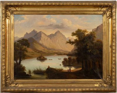 an image of a painting of a lake with a mountain in the background