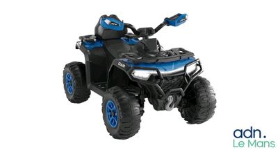 the toy atv is blue and black with blue wheels