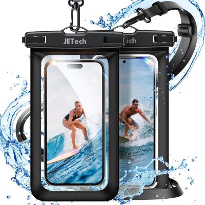 une photo d'une coque de téléphone étanche sur laquelle figure une femme sur une planche de surf