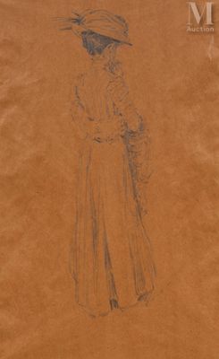 drawing of a woman in a long dress and hat with a hat on her head