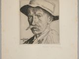 portrait d'un homme coiffé d'un chapeau, une pipe à la bouche